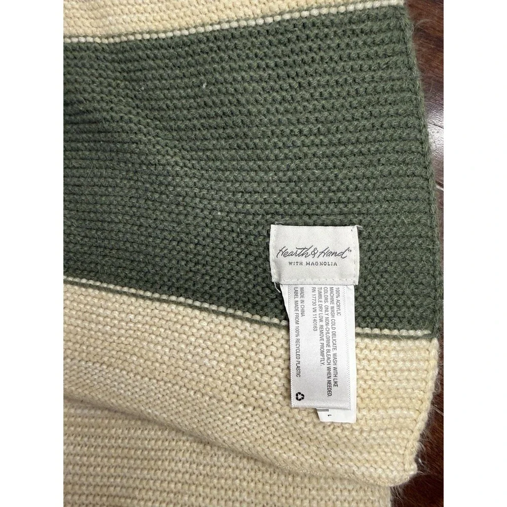 Hearth & Hand Magnolia Green Cream Striped Knitted Throw Blanket Farmhouse Style